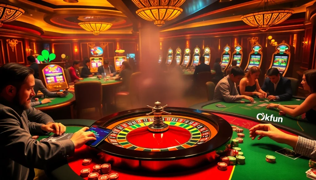 Experience thrilling gameplay at Okfun casino with players enjoying poker and roulette under vibrant lights.