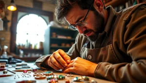 Craftsman creating unique jewelry at https://www.lyliarose.com workshop.