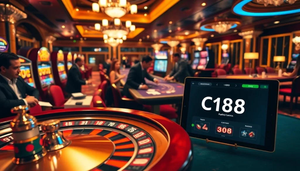 C168 brings excitement at the casino: players celebrating wins at a roulette table with vibrant poker chips.