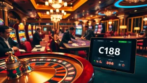 C168 brings excitement at the casino: players celebrating wins at a roulette table with vibrant poker chips.