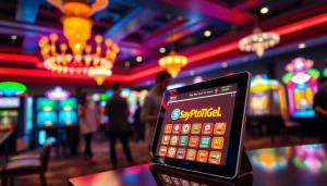 Mengakses permainan menarik di sayaptogel dengan papan digital di latar belakang kasino yang ramai.