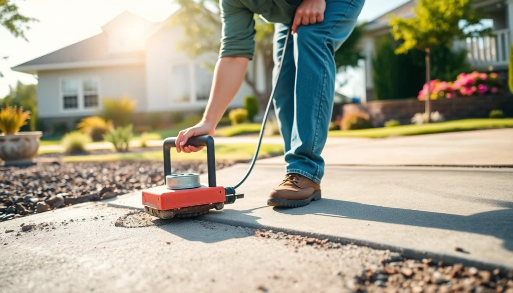 Concrete Leveling Roseburg technician skillfully leveling a concrete driveway with precision.