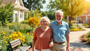 Engaging scene at https://frontidas.com featuring an elderly couple in a vibrant retirement community garden.