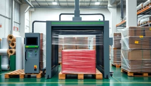 Pallet shrink wrap machine efficiently wrapping products in a professional factory environment.