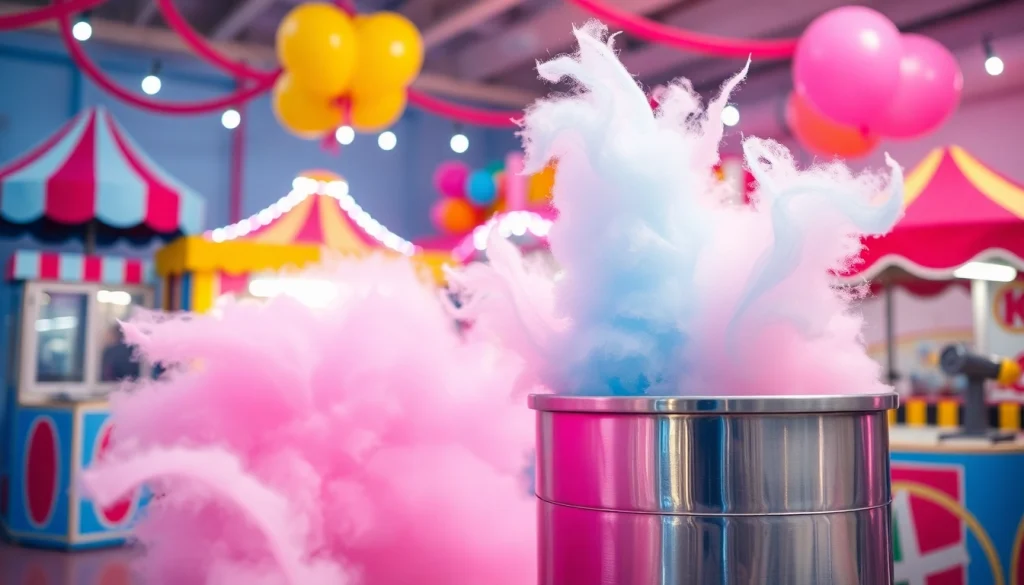 Maak heerlijke wafel katoen met deze kleurrijke suikerspinmachine tijdens een vrolijk carnaval.