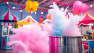 Maak heerlijke wafel katoen met deze kleurrijke suikerspinmachine tijdens een vrolijk carnaval.