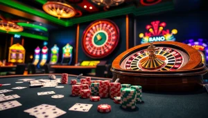 A bustling casino floor showcasing poker tables and roulette wheels, embodying the thrill of KJC AC 1.