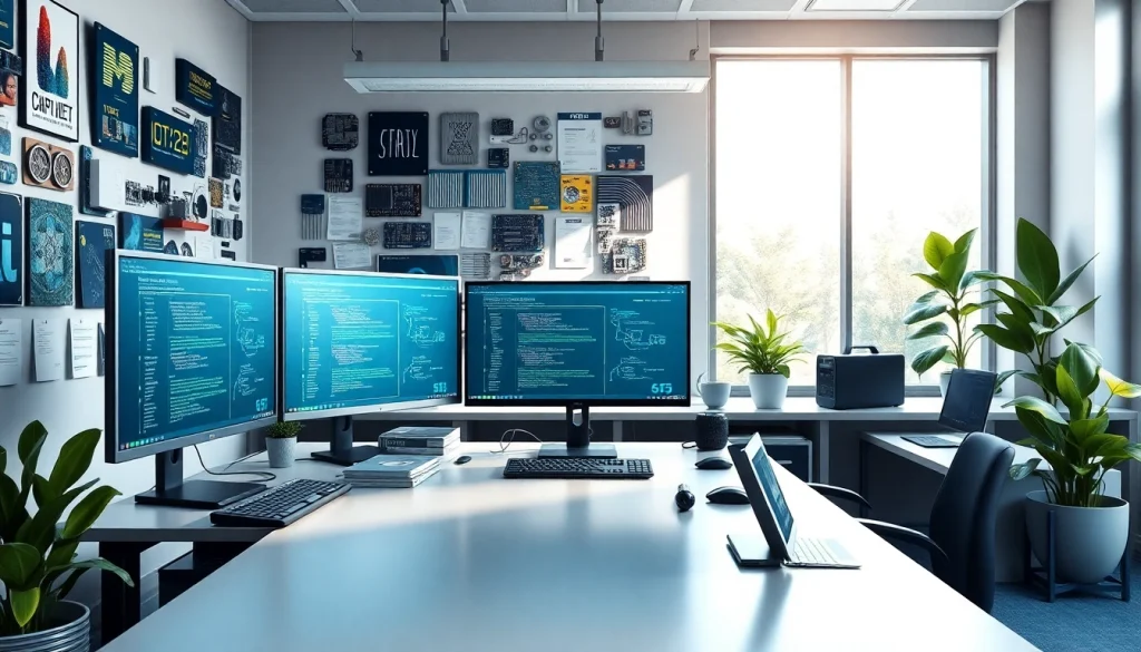 Explore how Technology enhances productivity in a modern office workspace with multiple screens.