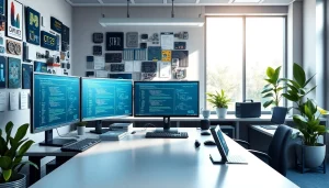 Explore how Technology enhances productivity in a modern office workspace with multiple screens.