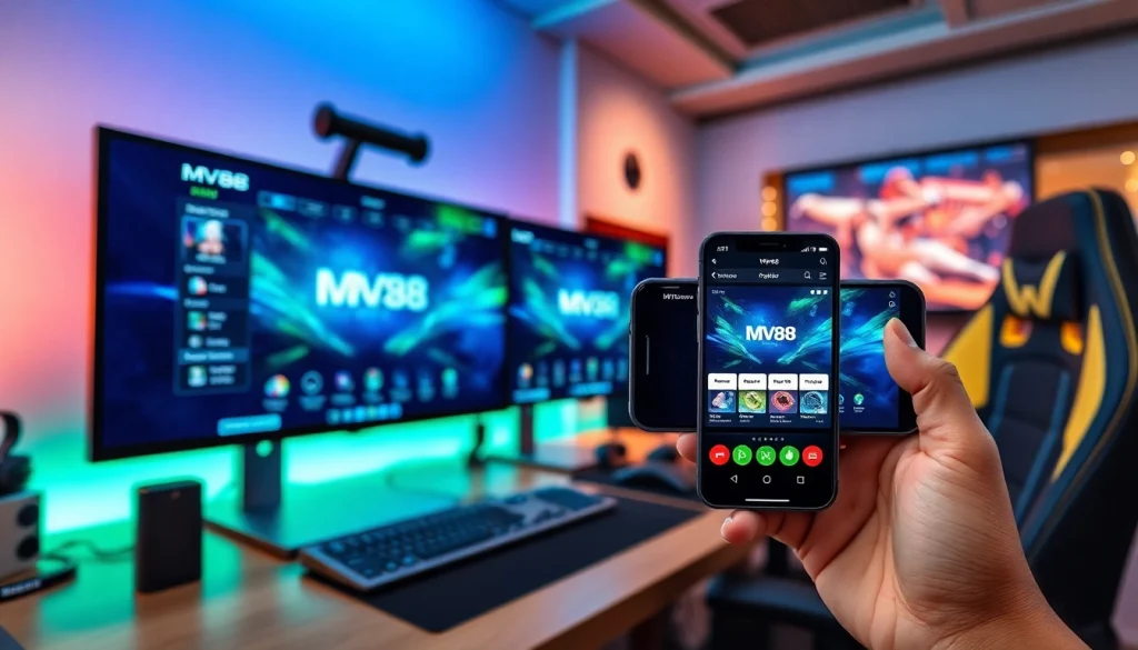 Experience the MV88 platform interface in a vibrant gaming setup, showcasing modern technology and trust.