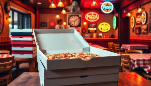 Stack of colorful pizza boxs with a steaming pizza, creating a cozy pizzeria atmosphere.