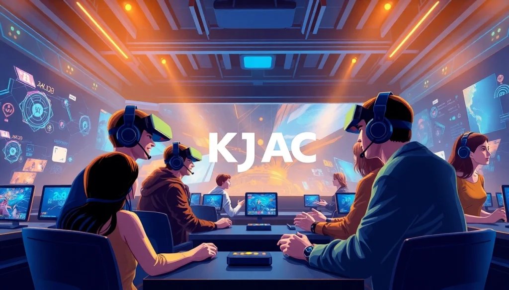 KJC AC branding showcased in a vibrant online gaming environment emphasizing community and technology.
