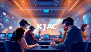 KJC AC branding showcased in a vibrant online gaming environment emphasizing community and technology.