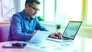 Real estate profit analysis showcasing a professional investor reviewing investment data and graphs.