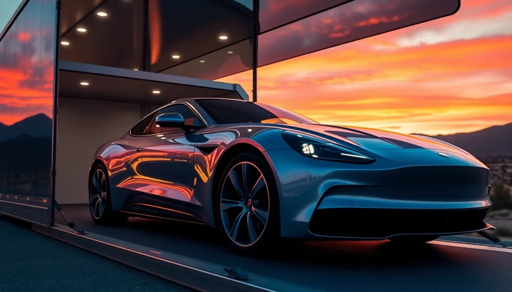 Showcasing enclosed auto transport with a luxury car safely loaded in a sleek transporter.