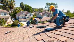 Expert workers from Twin Shield Roofing installing a new roof on a sunny day in a suburban setting.