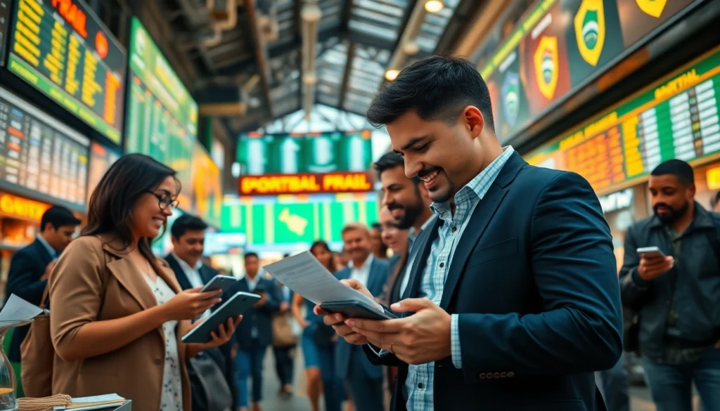 Engaged bettors reviewing best sportsbooks in Brazil with lively atmosphere and vibrant screens.