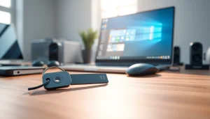 Showcasing a Windows 11 Product Key on a modern desk setup with tech gadgets in the background.