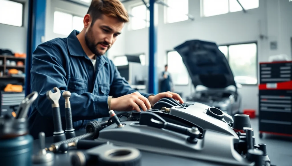 Professioneller kfz service berlin mit Mechaniker, der an einem Motor arbeitet.
