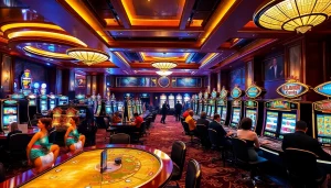 คาสิโนที่สวยงามและมีสีสัน แสดงบรรยากาศการเล่นพนันที่น่าตื่นเต้น
