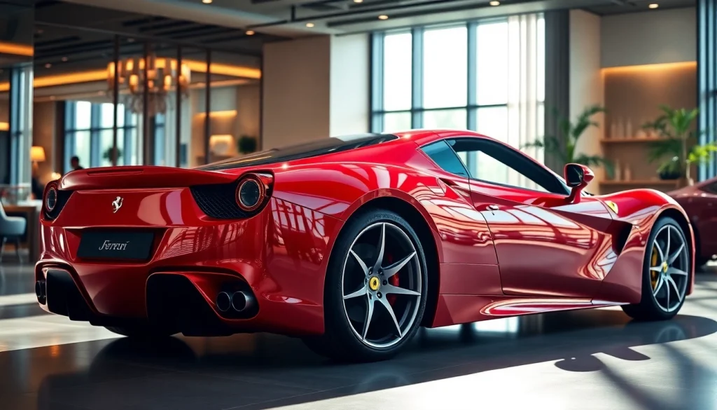 Ferrari for sale Johannesburg: A luxurious red sports car showcased in a modern dealership setting.