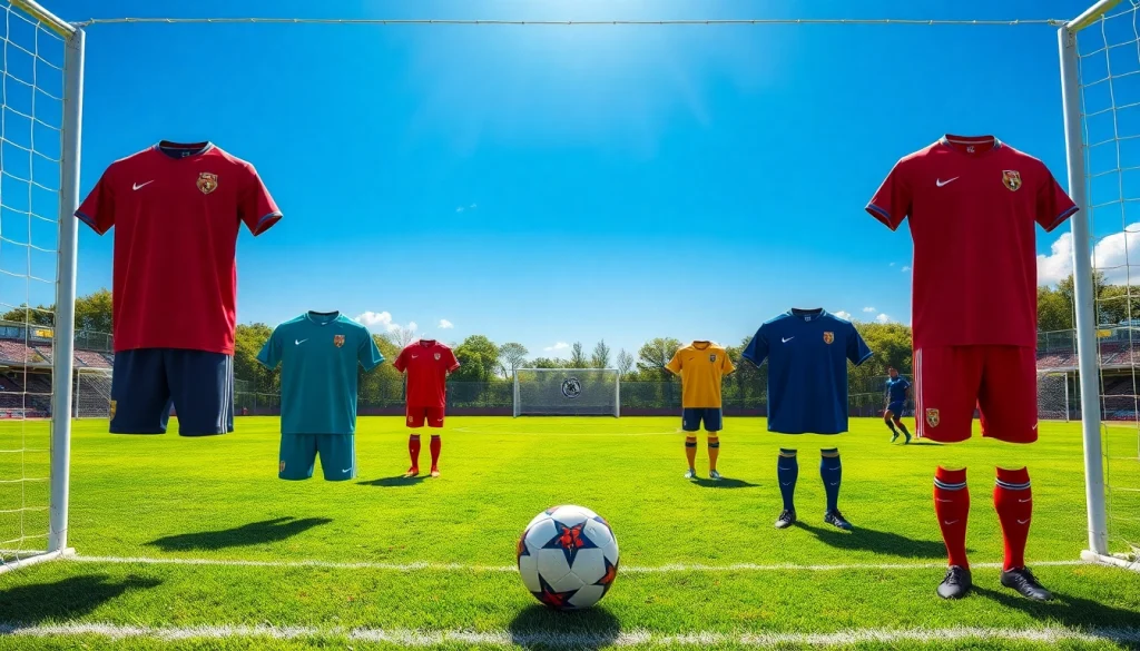 Showcasing vibrant football kits on players in action against a bright field backdrop.