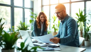 Quickplus Business Consultants aiding clients in a modern office, showcasing professional interactions.