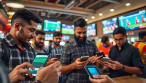 Engaged bettors enjoying sports betting in India with mobile apps and live sports in the background.
