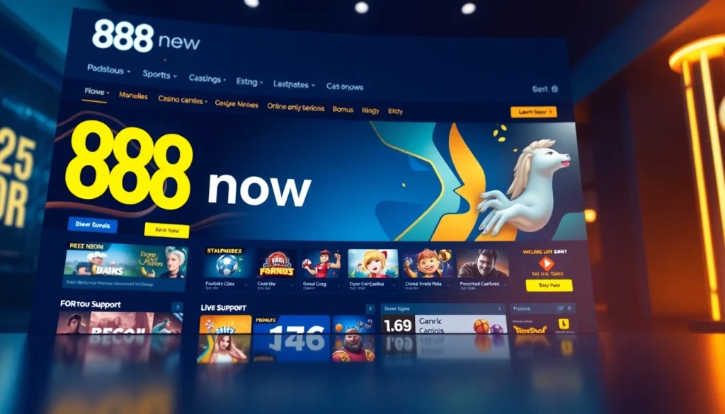 Explore the engaging 888new online gambling platform showcasing diverse gaming options and vibrant promotional graphics.