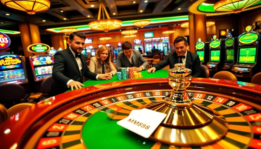 Immerse in MM88's dynamic casino experience with players focused on poker, casino chips, and a spinning roulette wheel.