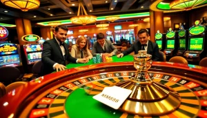 Immerse in MM88's dynamic casino experience with players focused on poker, casino chips, and a spinning roulette wheel.