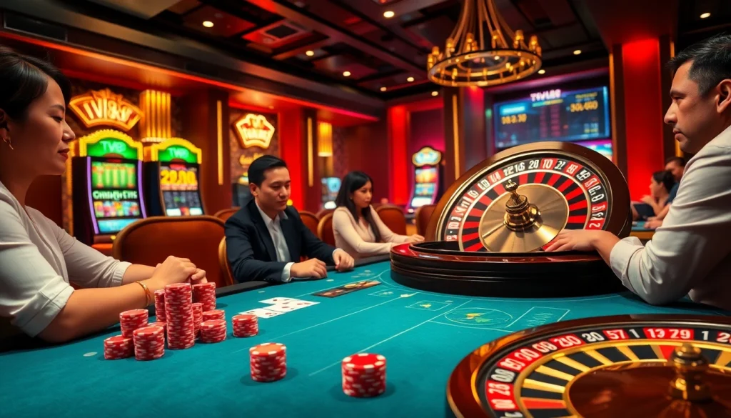 Experience excitement at TV88's casino with vibrant poker tables and thrilling slot machines.