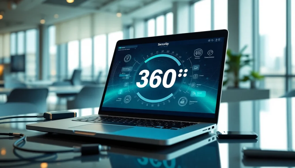 Download 360安全浏下载 on a modern laptop in a clean workspace with city views.