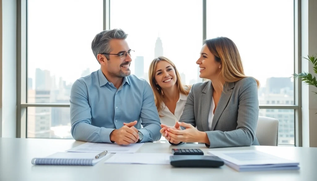 Couple discussing life insurance options in a professional setting, symbolizing financial protection.