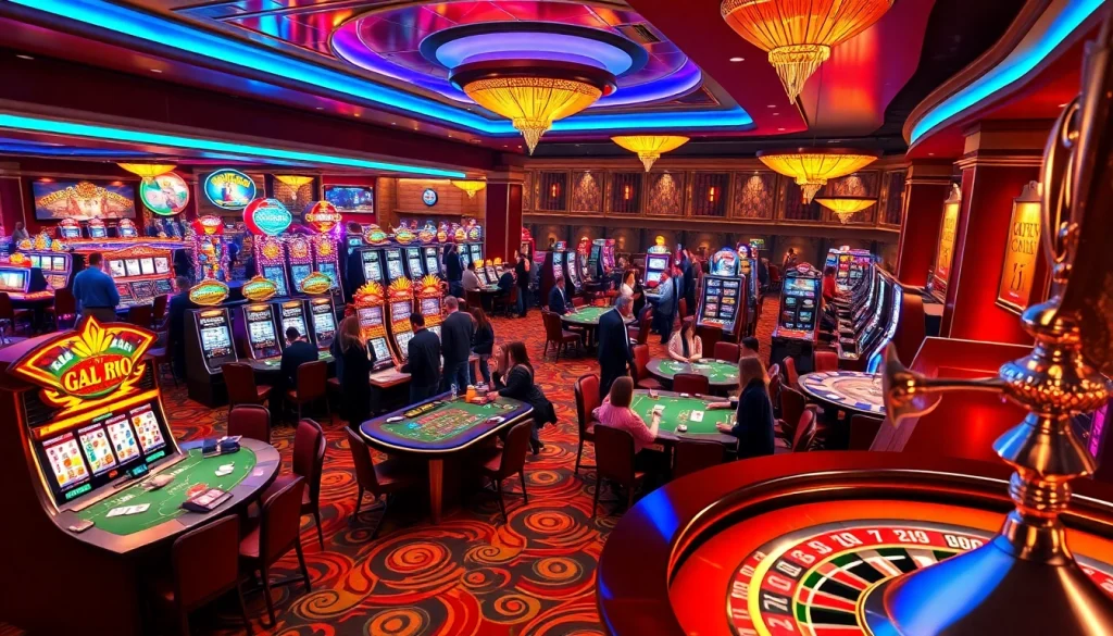 Experience the vibrant gambling world of KJC AC 1 with players enjoying casino tables and slot machines.