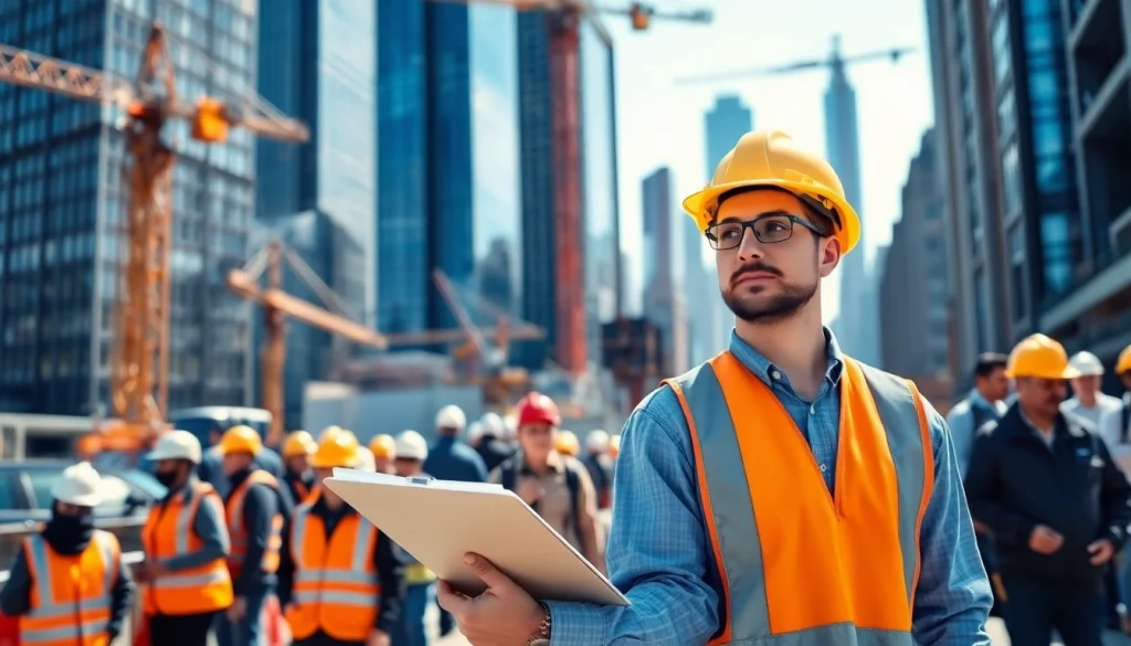 New York City Construction Manager overseeing a bustling construction site with skyscrapers.