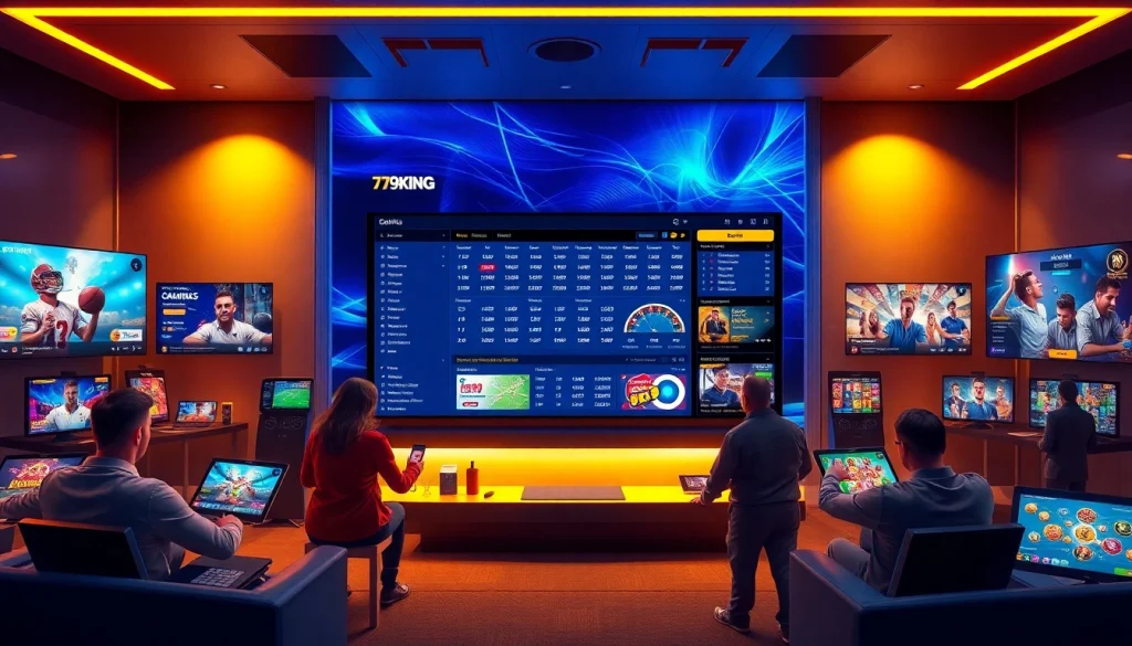Upplev den dynamiska onlinevadslagningsmiljön hos 79king som visar sporter och casinospel med färgglada visuella element.