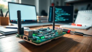 Visualize a Zigbee module showcasing its high-tech features and intricate design on an electronic workbench.