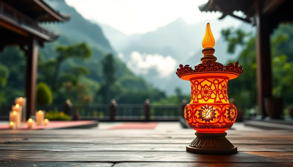 Light from a butter lamp blessing illuminates a tranquil Buddhist temple scene.