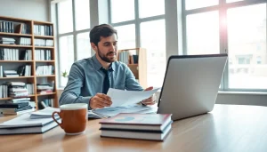 Consultanța academică pe https://lucrari-licenta.net, într-un birou modern cu cărți și laptop.