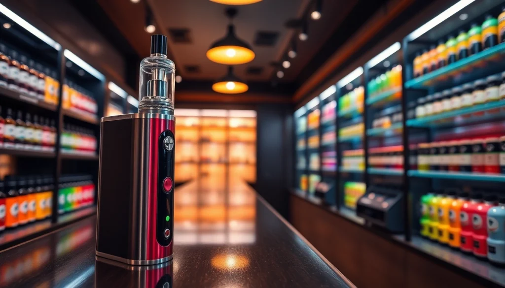 E zigarette in an elegant vape shop, showcasing an array of colorful e-liquids.