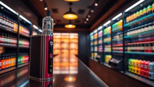 E zigarette in an elegant vape shop, showcasing an array of colorful e-liquids.