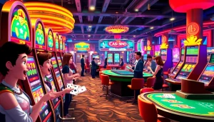 Menampilkan antusiasme permainan kasinojitu dengan karakter ceria dan mesin slot berwarna-warni.