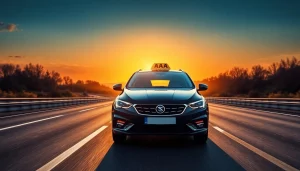 Passengers enjoy a Nottingham to Heathrow Taxi ride in a modern vehicle against a scenic backdrop.