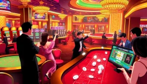 Hi88 casino scene with players enjoying blackjack and roulette, vibrant and lively atmosphere.