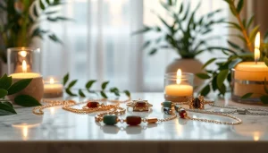 Showcasing spiritual jewelry with intricate designs and natural elements in a serene setting.