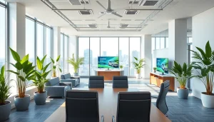 Showcasing an inviting industrial leasing office space with modern features and natural light.