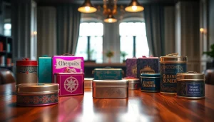 Showcasing custom tin boxes with intricate designs and metallic finishes on a wooden table.