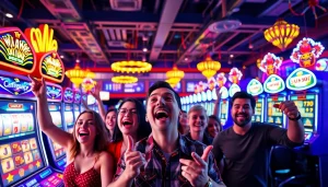 Menggembirakan pemain slot gacor yang merayakan kemenangan besar dalam suasana kasino yang cerah.