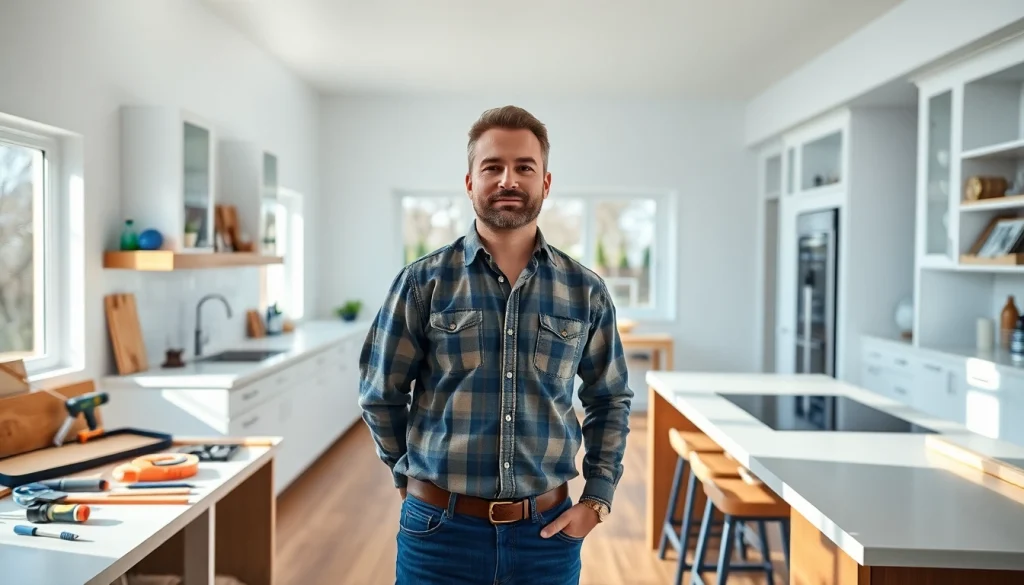 Remodeling Contractor evaluating a stylish kitchen design with modern features.